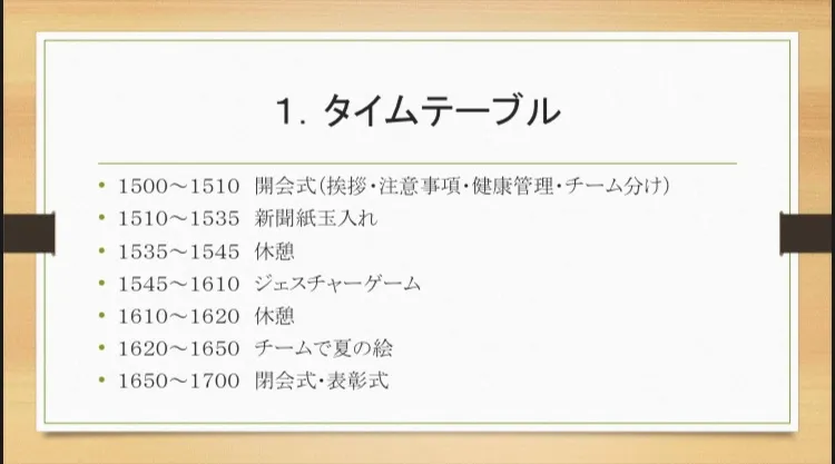 当日のタイムテーブル。開会式、新聞紙玉入れ、ジェスチャーゲーム、チームで夏の絵、閉会式・表彰式
